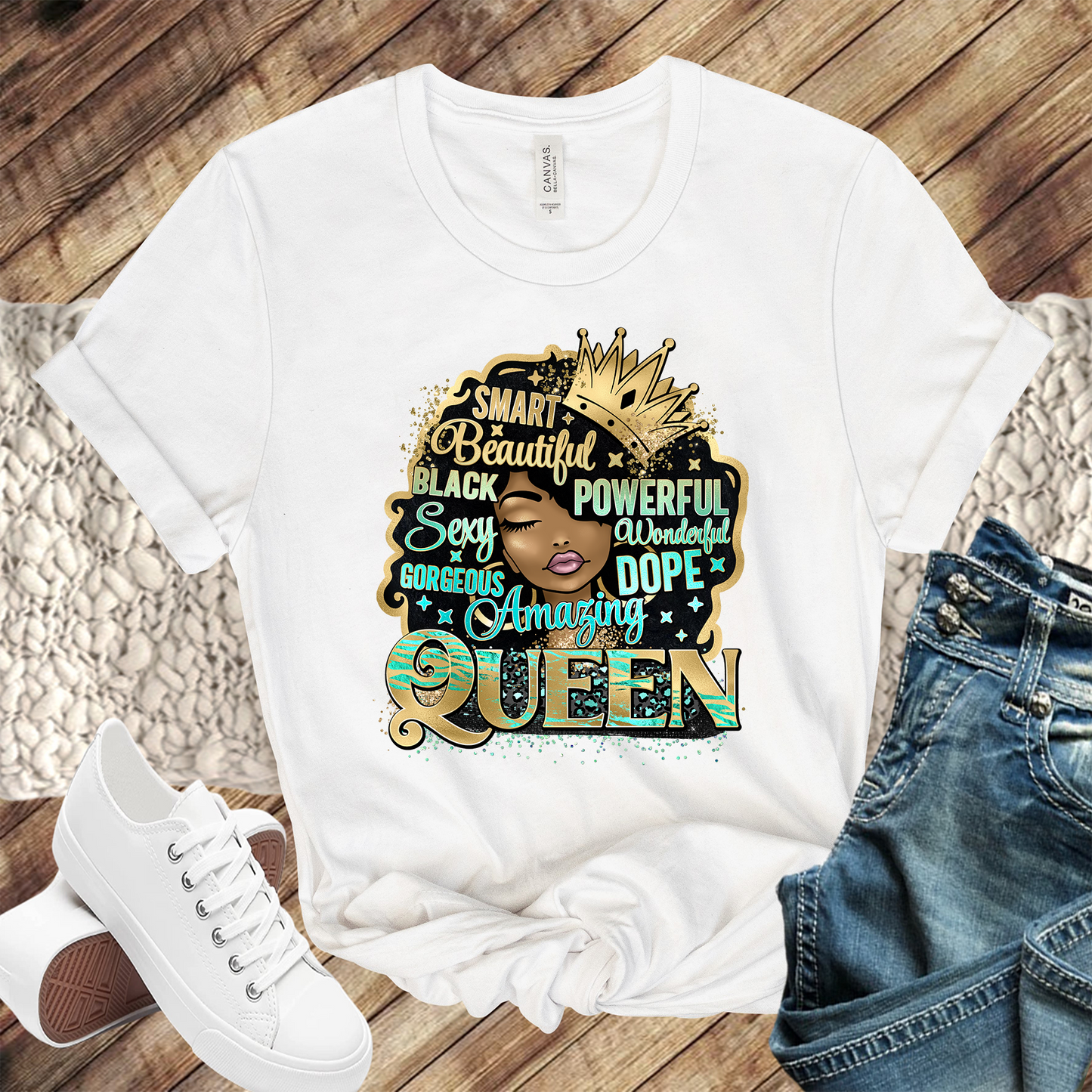 SUBLIMATION TRANSFERS ONLY Queen With Word Teal And Gold